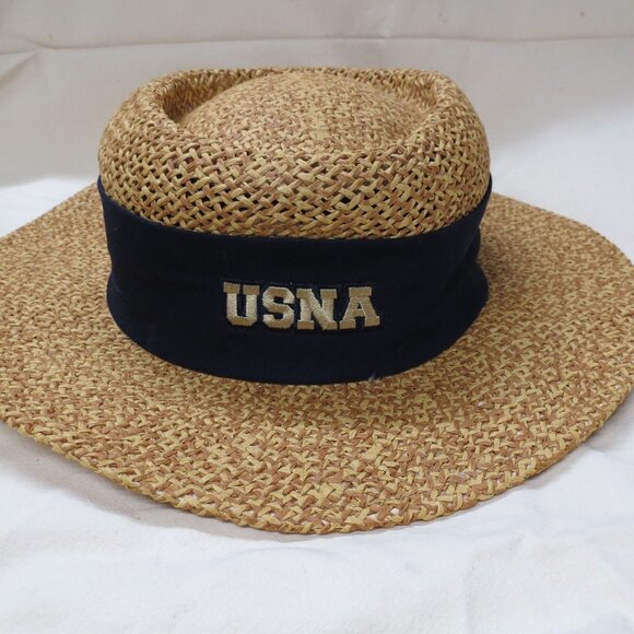 USNA Vintage Stiff Straw Boater Skimmer Hat Classic - Picture 1 of 9